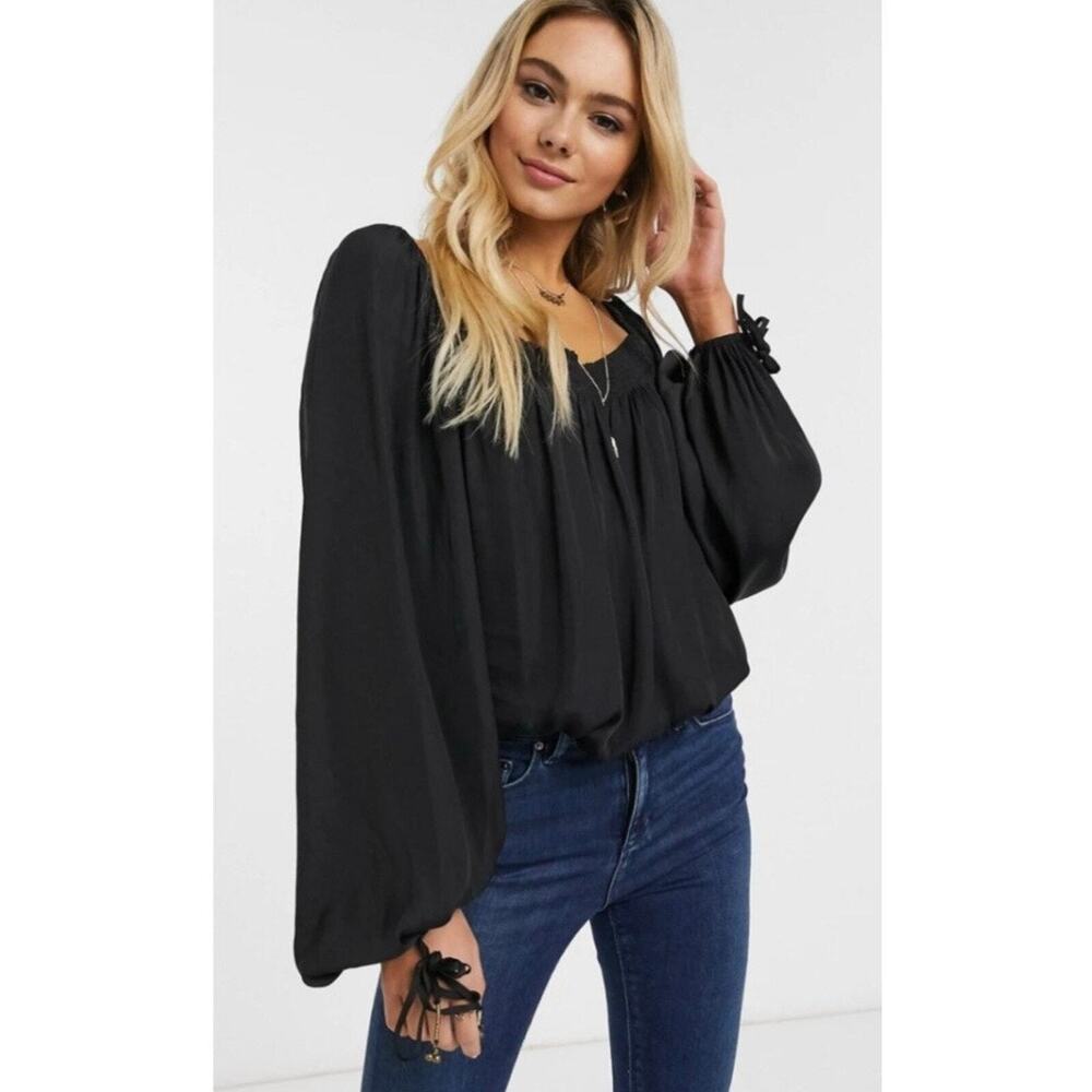Free People Intimately Black Square Neck Long Sleeve Thong Bodysuit Small